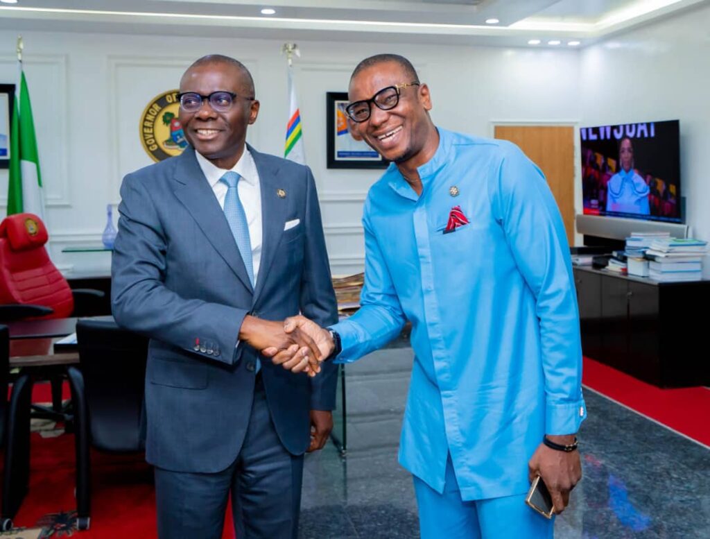 H.E Babajidw Sanwolu (Executive Governor of lagos state) & Dr Utchay Odims (president African Ambassadors Economic Forum AAEF)